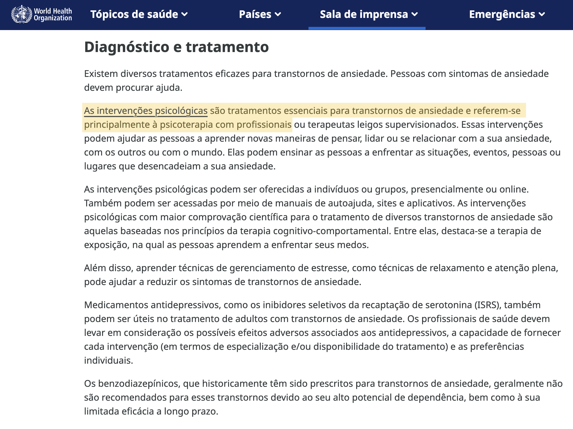 OMS: intervenções psicológicas são tratamentos essenciais para transtornos de ansiedade